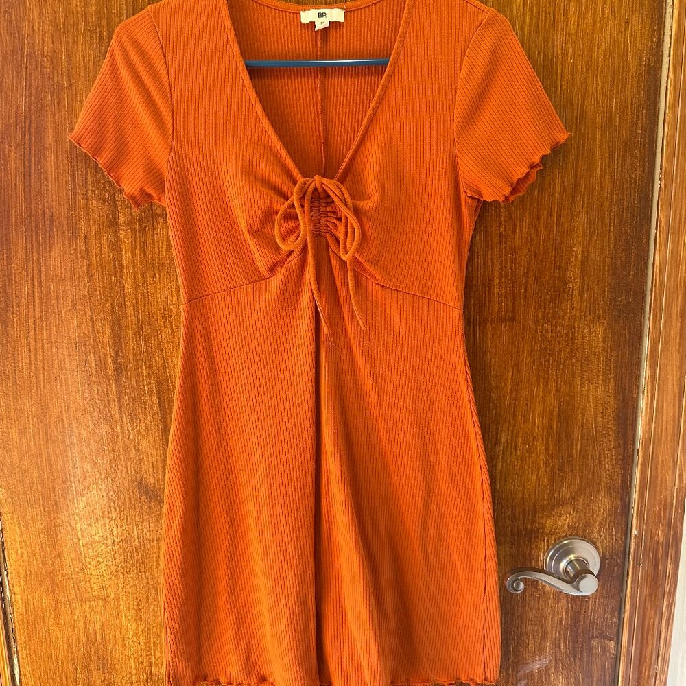 Nordstrom B.P. Orange Ribbed Plunging Neckline Tie Front Minidress